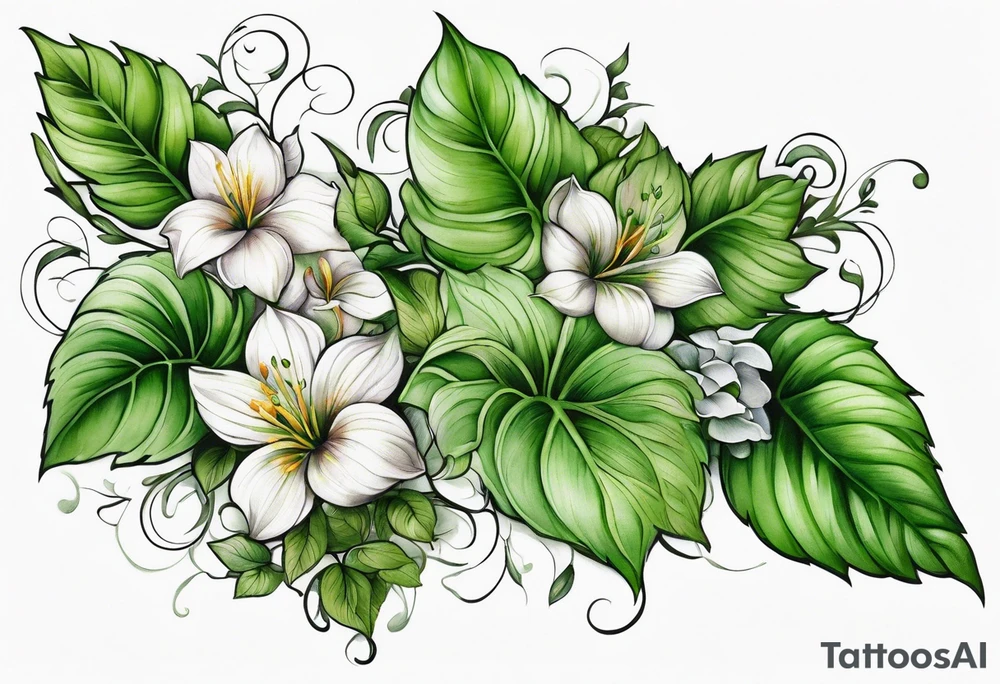 Vines with thick green leaves and muted flowers. Will start above the wrist and wrap around forarm ending at elbow tattoo idea