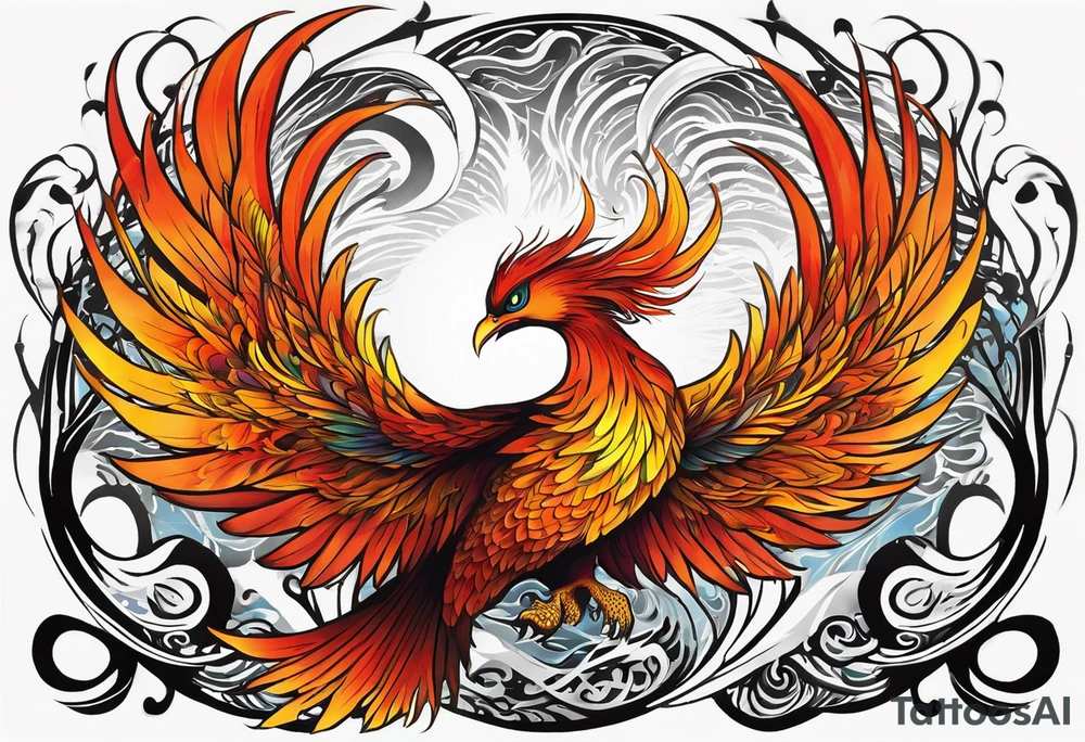 Surreal Tattoo: A powerful, majestic phoenix, depicted mid-flight or rising, with wings extended and feathers flowing. Deep shading and intricate details to bring out the texture and motion of the feathers. Style: Surrealism. tattoo idea