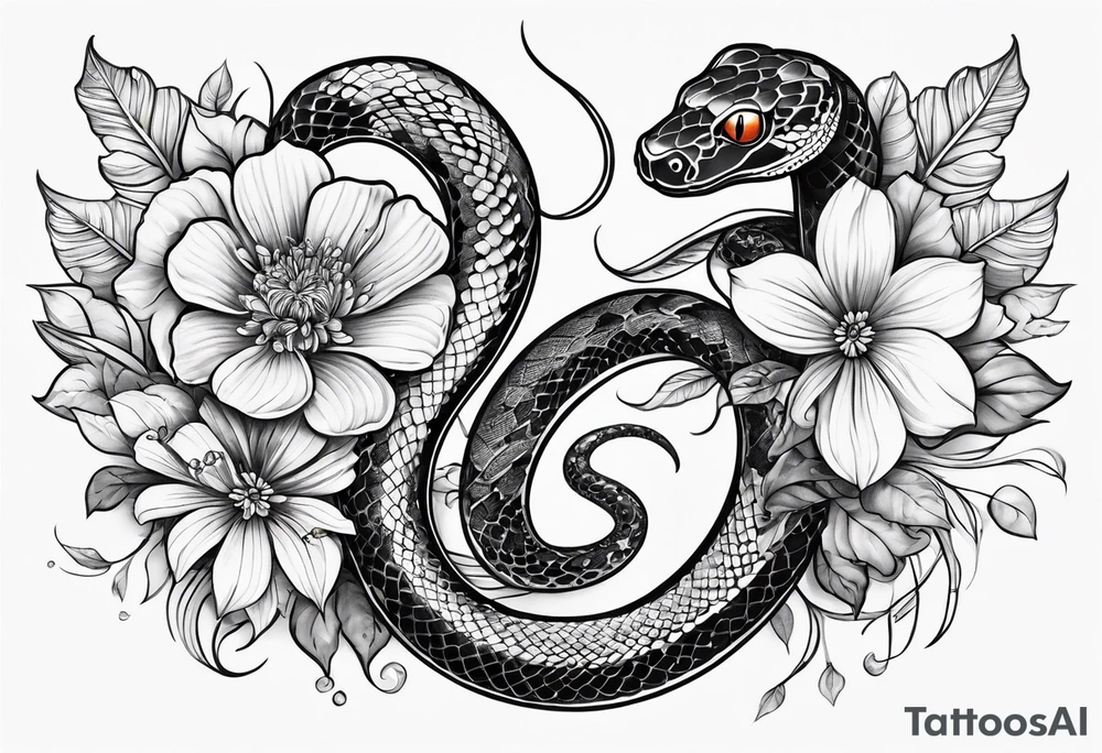 small simple snake with large flowers and long vines extending up and down tattoo idea