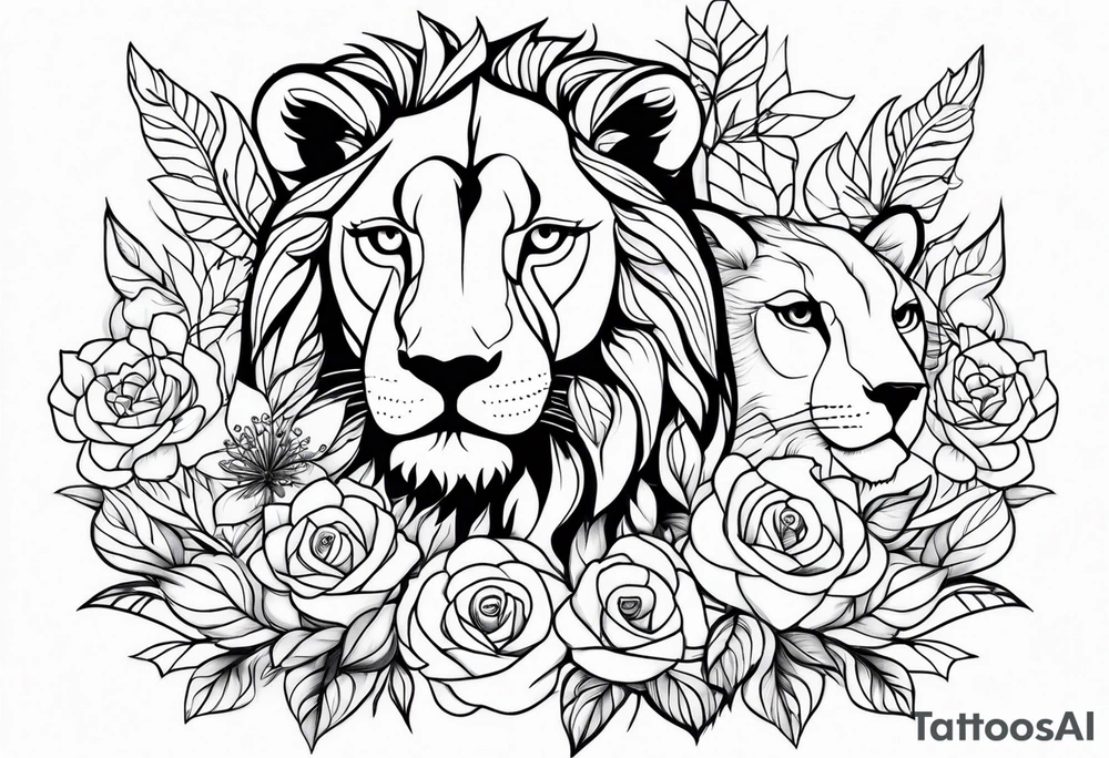 lionesses and owl wit flowers tattoo idea