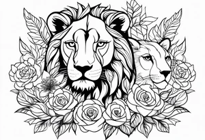 lionesses and owl wit flowers tattoo idea