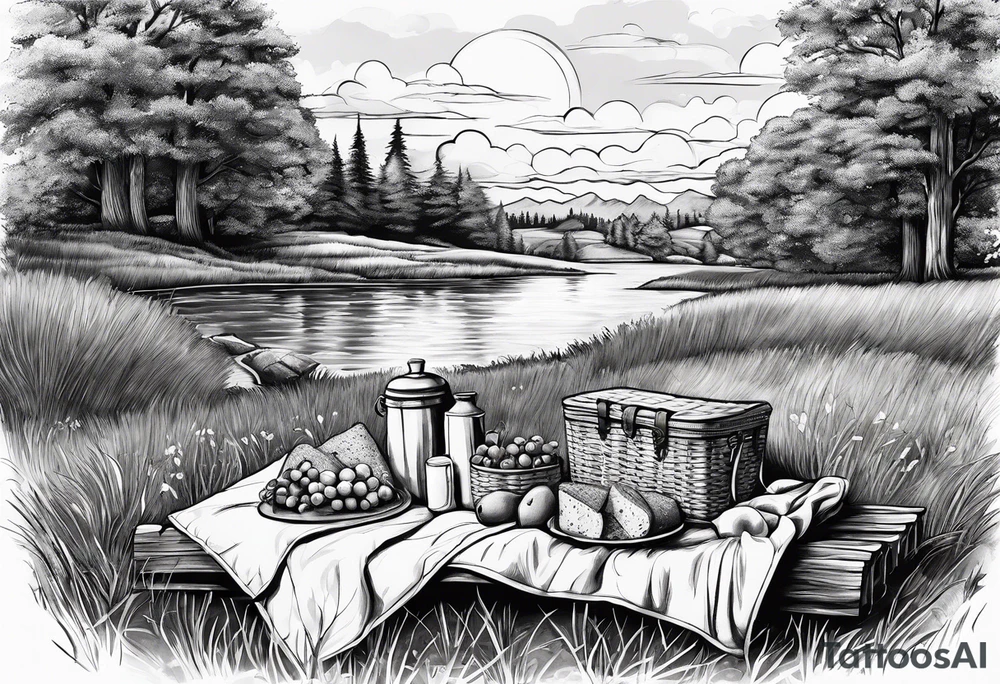 picnic scene in nature with a shecker blanket, a picnic basket and pillows. no food tattoo idea