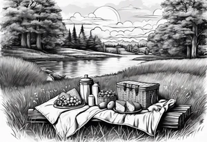 picnic scene in nature with a shecker blanket, a picnic basket and pillows. no food tattoo idea