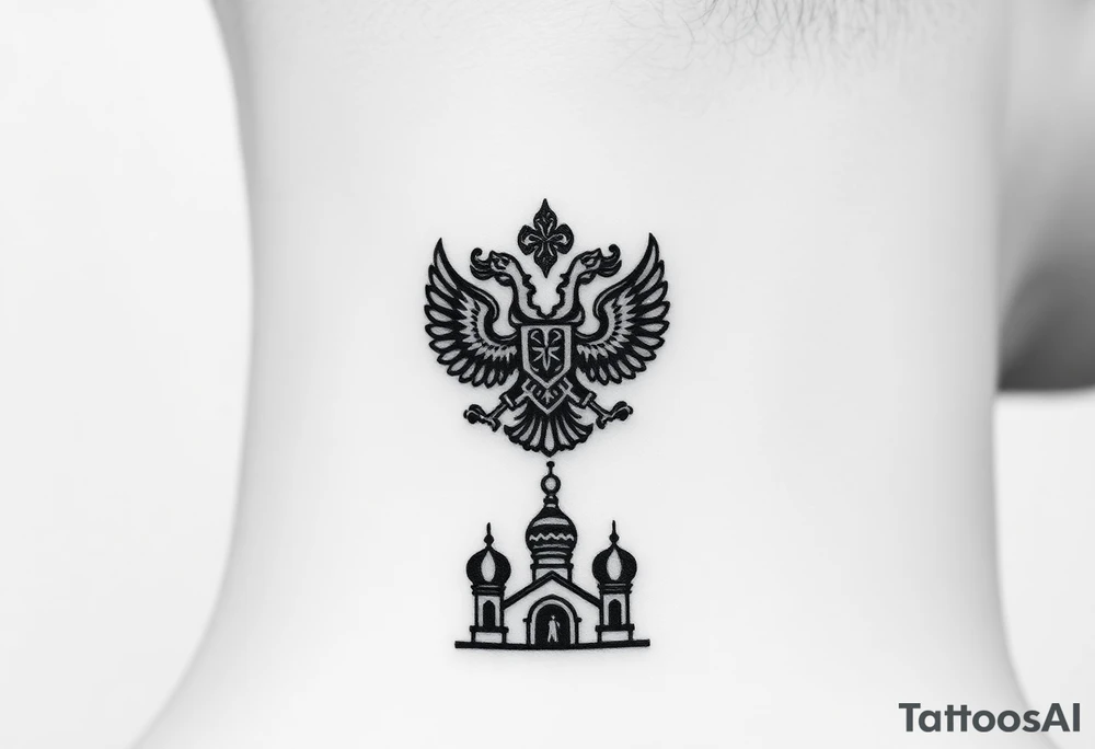 Stacked Vertical Column 

Russian star — small, bold
Middle: Miniature double-headed eagle — simplified, cleaner lines to suit the smaller space
Bottom: Orthodox church dome(s) with a small Virgin Mary silhouette beneath tattoo idea