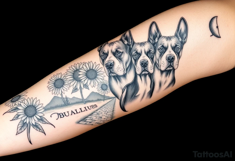 Collage of American bully portraits in black and white with sunflowers, an old road made from pavers the words Mountain State Bullies tattoo idea