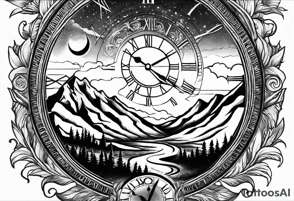 Half sleeve. View from the base of the mountains looking up to the sun. The sun is a clock that reads 12:01 to signify a new day. I want a clock tower in the middle of the mountains with the times my two sons were born. This tattoo represents overcoming massive obstacles and becoming a better person. tattoo idea