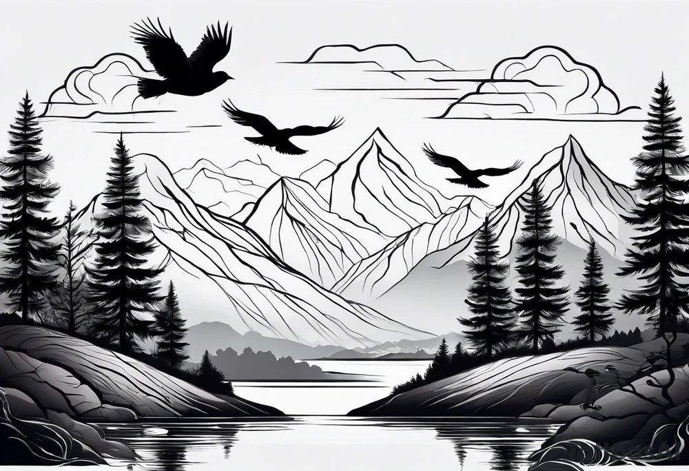 A mountain scape with trees. 5 silhouettes of birds. All black tattoo idea