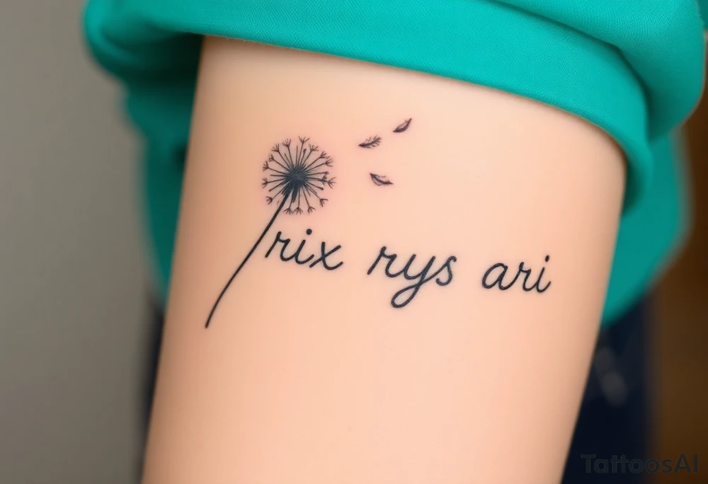 Rix Rys Ari realistic watercolor This image features a delicate dandelion tattoo on a person’s skin, with fine lines and soft shading. The dandelion’s stem extends from the bottom left corner, leading to the detailed flower head, which appears to be dispersing its seeds. The seeds are shown floating away in a natural, wind-swept motion, symbolizing freedom, change, and new beginnings.

The tattoo has a subtle watercolor effect with a gentle pinkish hue around the base of the dandelion, adding depth and softness to the design. The fine-line work gives it a refined and elegant look. tattoo idea