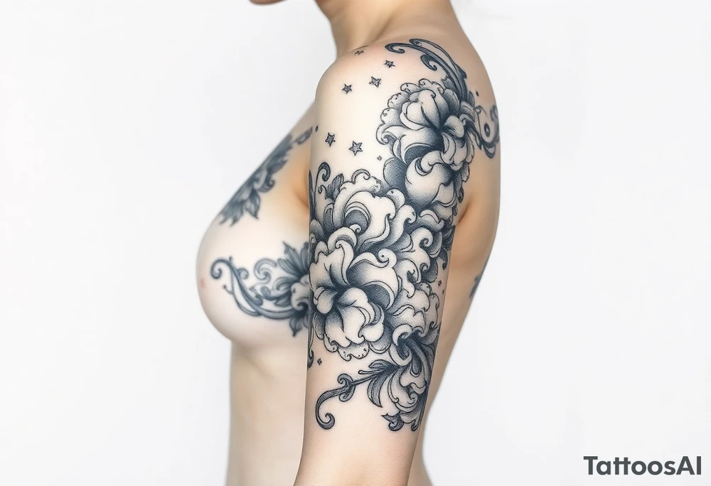 Art nouveau style Celestial swirling tumultuous intergalactic space clouds flowing like wispy smoke tattoo idea