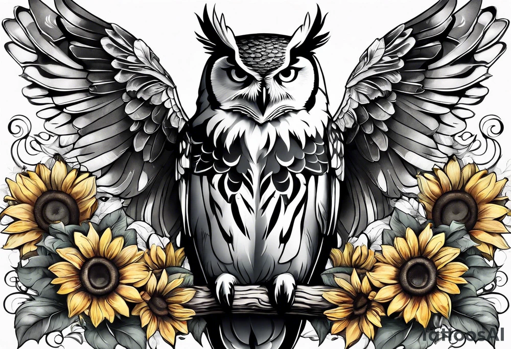Owl with angel wings surrounded by sunflowers and butterflies sleeve tattoo idea