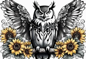 Owl with angel wings surrounded by sunflowers and butterflies sleeve tattoo idea