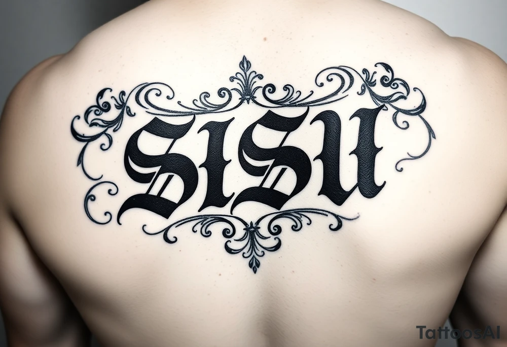 'SISU' in bold Blackletter/Chicano script with deep black shading. Surrounded by ornate gangster-style filigree in black and grey realism, with fine-line details and smooth shading for depth tattoo idea