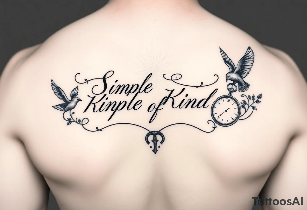 Design a tattoo featuring the quote ‘Simple Kind of Man’ in elegant, flowing script. Surround it with symbolic elements that reflect the meaning of the Lynyrd Skynyrd song: a bird in flight to symbolize freedom, a vintage pocket watch to represent wisdom and time, and a gentle mother’s hand or silhouette to symbolize guidance. Use soft black and gray shading with a balanced, sentimental feel. Intended for inner forearm or left chest. tattoo idea
