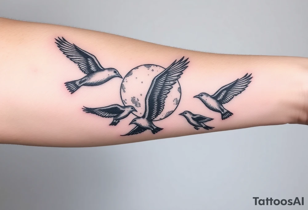 5 birds, the moon, flying tattoo idea