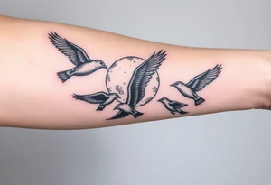 5 birds, the moon, flying tattoo idea