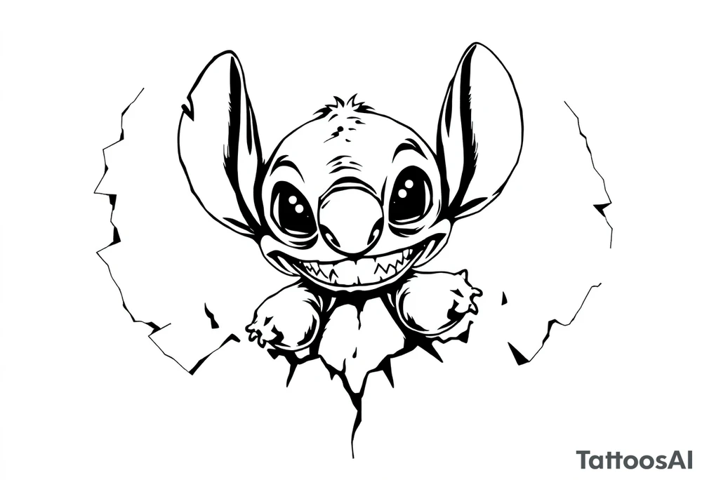 Black and white tattoo stencil design of Stitch reimagined in a creepy stitched doll style, inspired by gothic ragdoll aesthetics. Stitch has exaggerated eyes, stitched mouth, uneven seams, slightly hunched posture, and sharp teeth. His expression is mischievous but eerie.
The design is framed inside a torn skin effect, with ripped flesh edges surrounding the character. The torn edges are jagged, organic, and flowing outward like ripped paper or claw marks. Skin tears reveal Stitch underneath as if breaking through the body.. tattoo idea
