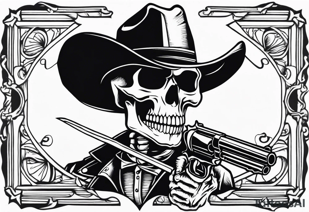 Skeleton Cowboy with a knife in his mouth and revolver in his hand tattoo idea