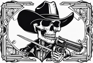 Skeleton Cowboy with a knife in his mouth and revolver in his hand tattoo idea