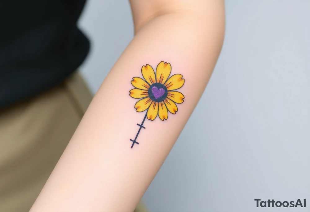 Simple yellow daisy with Purple Hearts & cross tattoo idea