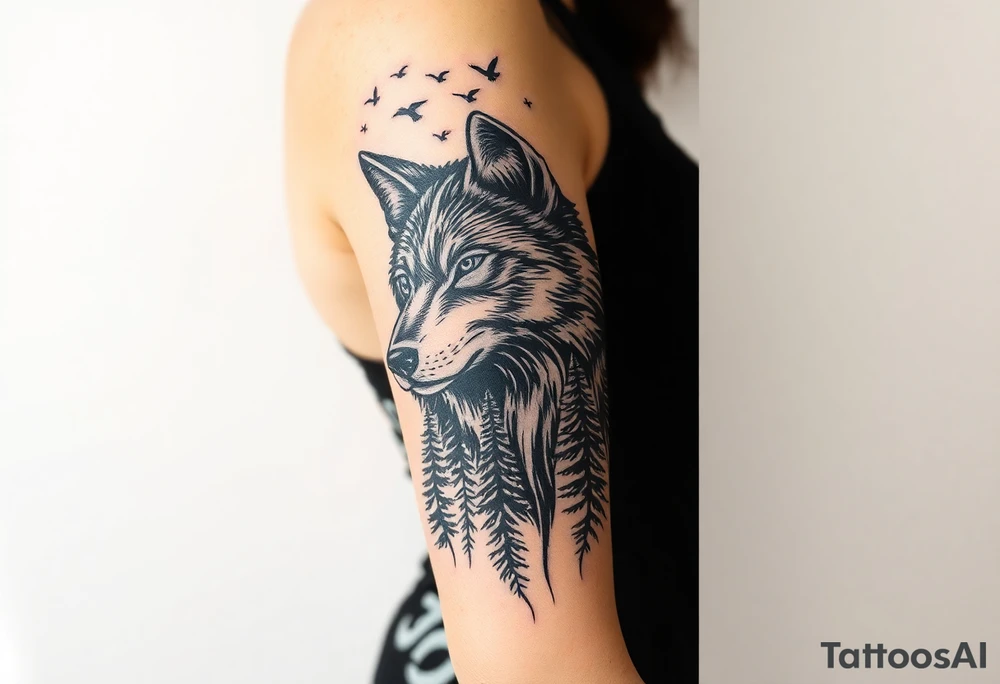 Wolf head surrounded by large pine trees growing from black ground and very small ravens flying overhead tattoo idea