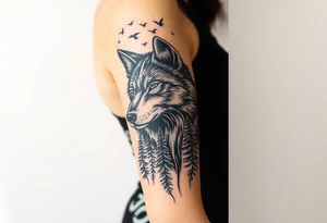 Wolf head surrounded by large pine trees growing from black ground and very small ravens flying overhead tattoo idea