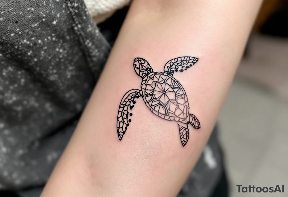 Minimalist fine-line sea turtle – A delicately outlined sea turtle in clean black ink, featuring simple, flowing lines with soft curve details on the shell and flippers. The shell is subtly patterned with geometric or mandala-style elements, creating a calm, elegant, and peaceful ocean-inspired design. tattoo idea