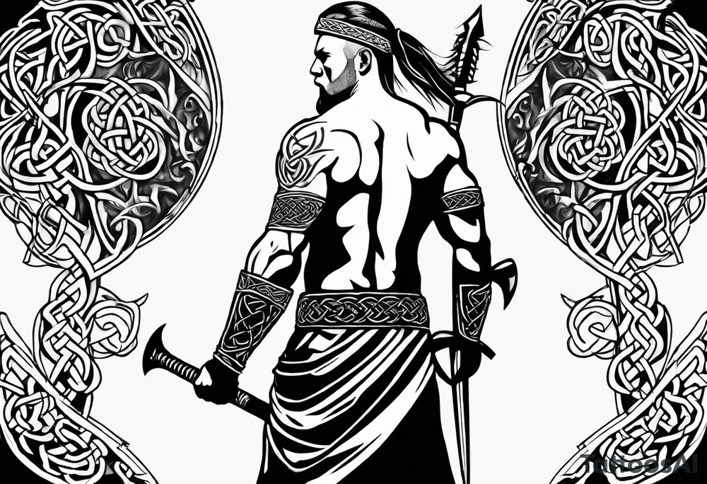 Full body side profile of a Celtic warrior with weapons. Background of Celtic symbols tattoo idea