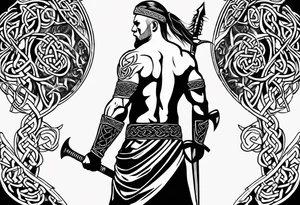 Full body side profile of a Celtic warrior with weapons. Background of Celtic symbols tattoo idea