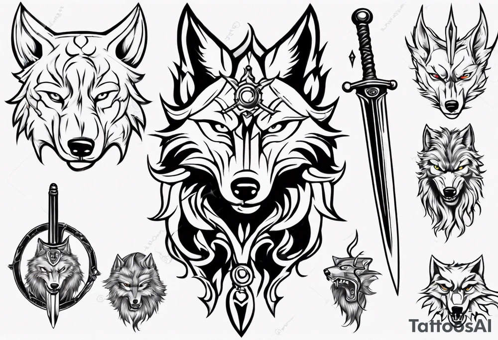 wolf head with sword in background tattoo idea