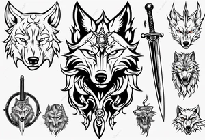 wolf head with sword in background tattoo idea