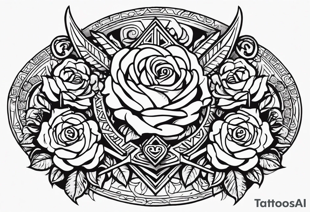 Design a masculine tattoo depicting three delicate rose buds being embraced and protected by a pile of Aztec weapons. The weapons should include elements such as the macuahuitl (Aztec sword-club), obsidian blades, and shields, arranged in a way that forms a protective circle or embrace around the roses. Carve the entire image as if it were a stone sculpture by an ancient Aztec artist, with the texture resembling intricately detailed stone carvings. The roses should be slightly softer but still stylized in stone, giving the entire tattoo a powerful, yet artistic and ancient feel. Use bold, sharp lines to capture the essence of Aztec craftsmanship tattoo idea