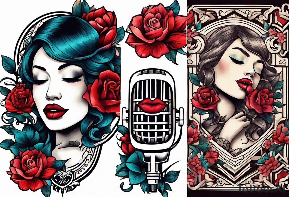 traditional vintage tattoo of lips singing in microphone simple  flowers and banner
no face tattoo idea