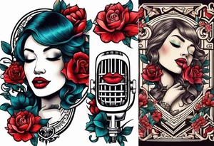 traditional vintage tattoo of lips singing in microphone simple  flowers and banner
no face tattoo idea