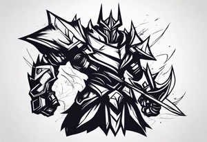 Mordekaiser from league of legends with armored hand in forground tattoo idea