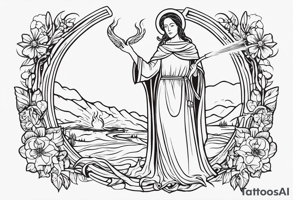 A full back piece themed on the surname mcbride and the irish saint brigid. It should take inspiration from artwork of saint brigid holding fire in her hands. It should have the text Vincit Pericula Virtus on it tattoo idea