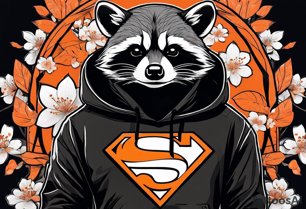 Raccoon wearing a white Superman logo on a black hoodie and orange Japanese cherry blossoms tattoo idea
