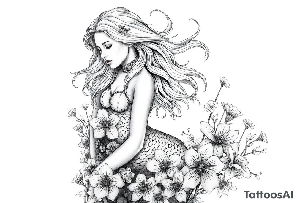 ethereal mermaid with flowing hair among coral and sea flowers tattoo idea