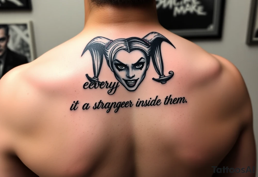 powerful Harley Quinn inspired piece using the quote or based of the idea of the quote “everyone has a stranger inside them” representing madness and genius, light and dark, good and evil tattoo idea