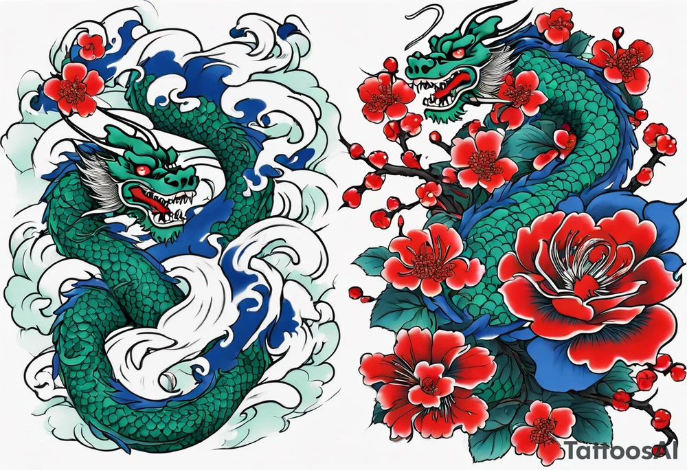 Japanese floral cherry blossom and irezumi back ground in blue porcelain China filler for a green traditional Chinese dragon and great waves and red rose and blue butterfly tattoo tattoo idea