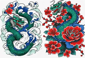 Japanese floral cherry blossom and irezumi back ground in blue porcelain China filler for a green traditional Chinese dragon and great waves and red rose and blue butterfly tattoo tattoo idea