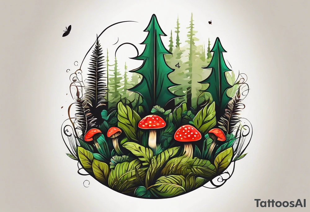 forest floor inspired minimalist tattoo, which includes grass, curly ferns, moss and dead leaves as the bulk of the tattoo. details to include: three very tiny strawberries, a tiny bumblebee flying nearby, three small brown mushrooms
Generate a vertically long one tattoo idea
