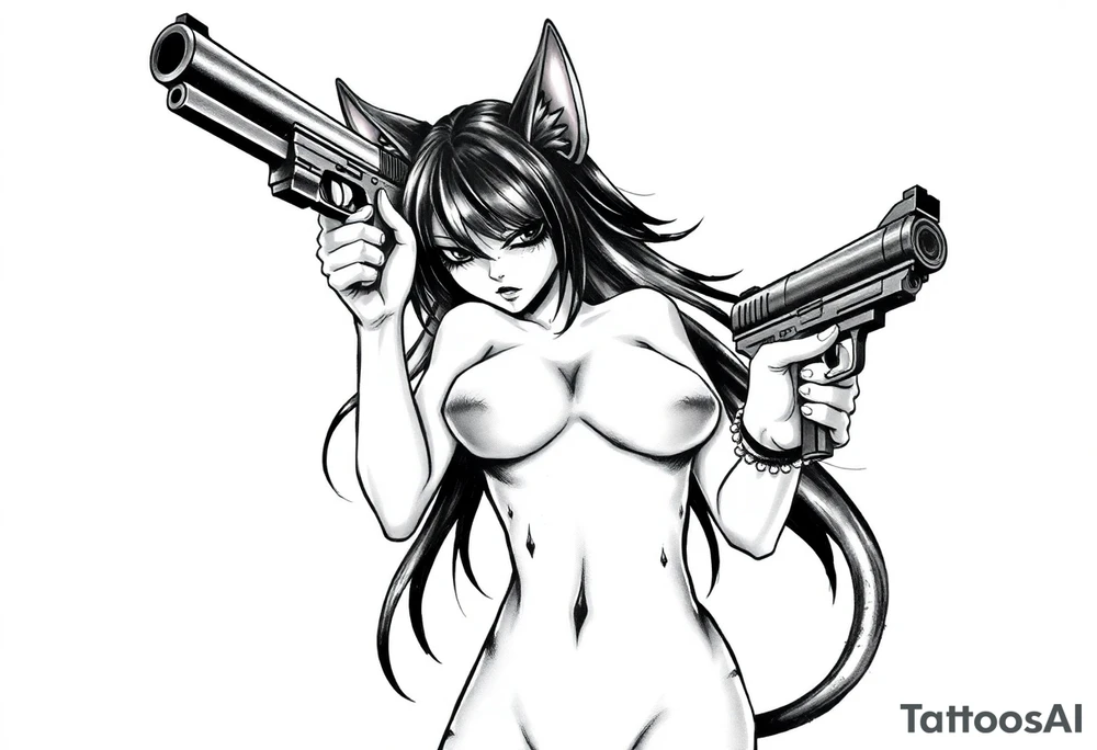 naked catgirl, slut, angry, anime, holding gun, black tattoo idea