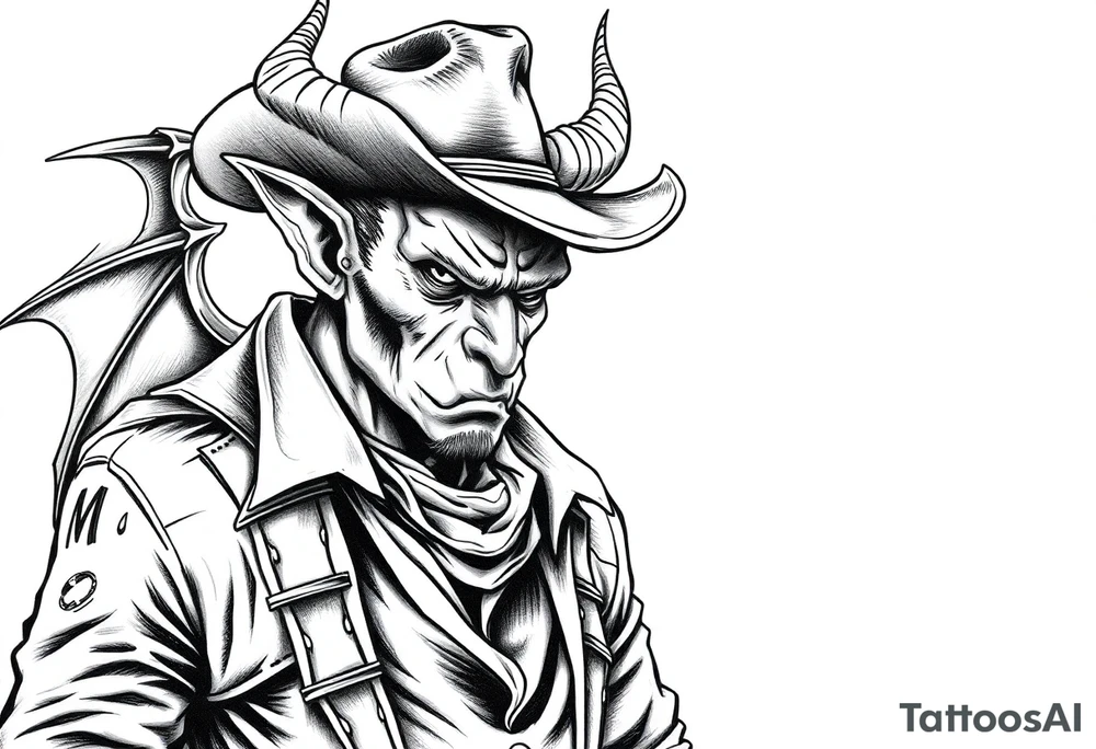 a demon in cowboy.clothing, tattoo idea