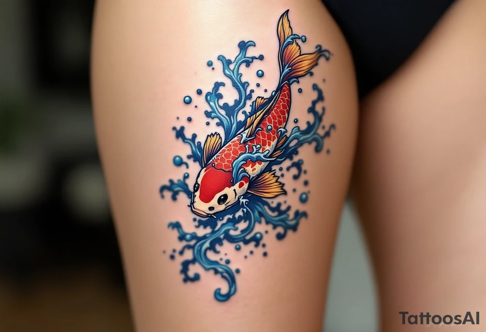 A crimson red koi fish swimming upstream with blue water waves, symbolizing perseverance and strength. tattoo idea
