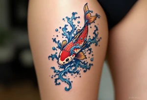 A crimson red koi fish swimming upstream with blue water waves, symbolizing perseverance and strength. tattoo idea