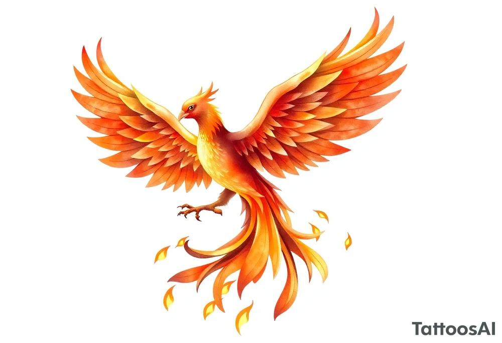 magnificent phoenix rising from golden flames with trailing embers tattoo idea