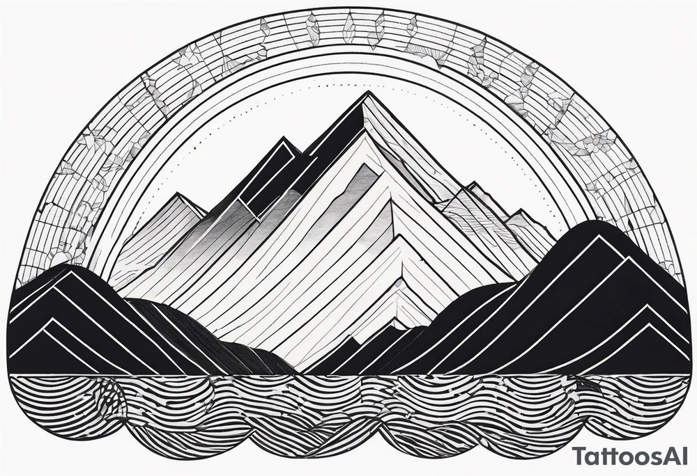 Mountain one Peak, Peak surrounded woth semi circle dashed Line, in semi circle two littel fine Stars coloured, waves overlapping in Side, Open geometrical Forms as frame tattoo idea