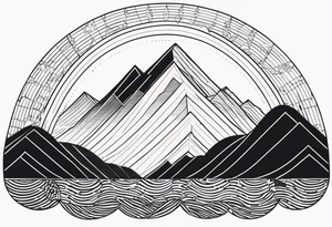 Mountain one Peak, Peak surrounded woth semi circle dashed Line, in semi circle two littel fine Stars coloured, waves overlapping in Side, Open geometrical Forms as frame tattoo idea