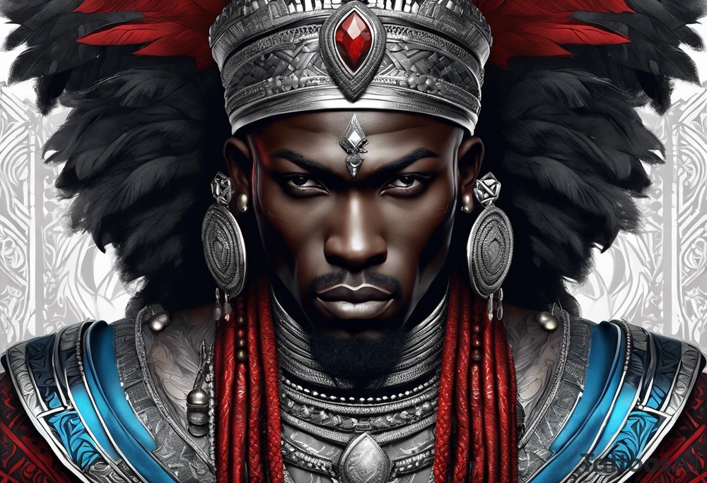 Black-skinned bald african warrior. He wears a simple and small silver crown. He uses two simple necklaces: one blue, other red. tattoo idea