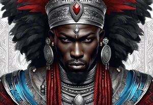 Black-skinned bald african warrior. He wears a simple and small silver crown. He uses two simple necklaces: one blue, other red. tattoo idea